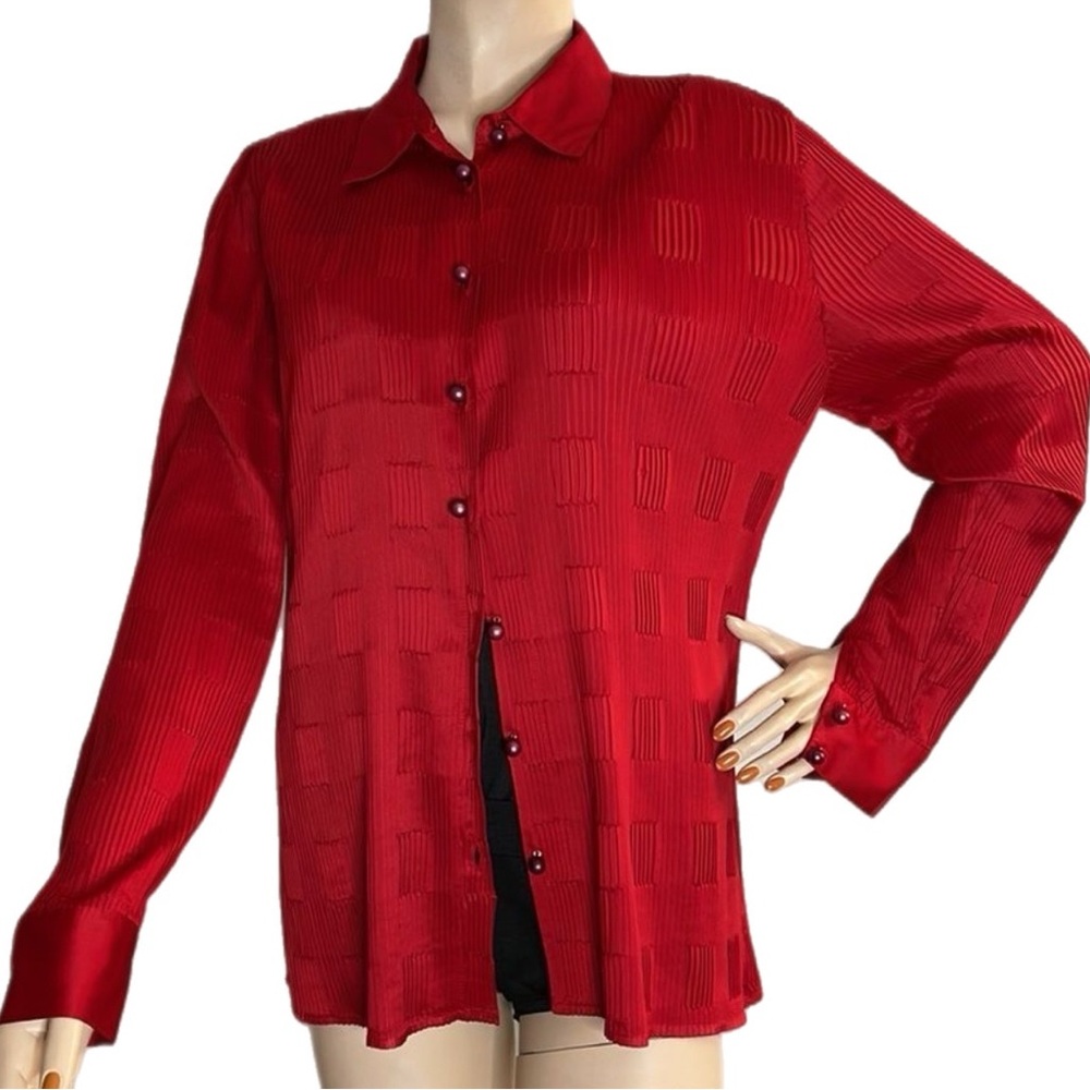 Red Silky Textured Long Sleeve Button Shirt